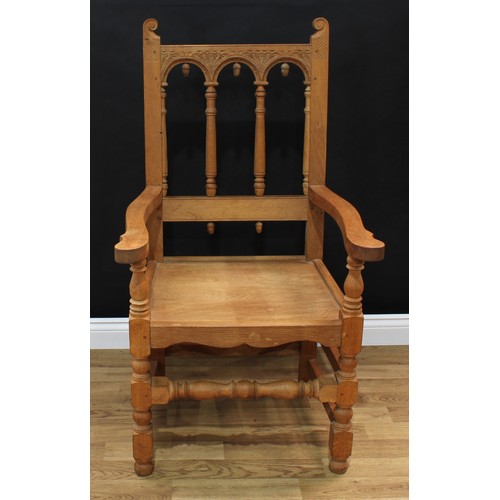 1499 - Frank Pratt of Derby - a 17th century style oak 'Derbyshire' open armchair, of Charles II design, sh... 