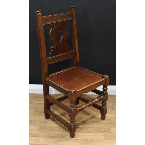 1494 - Frank Pratt of Derby - a 17th century style oak chair, rectangular nulled cresting rail, pierced vas... 