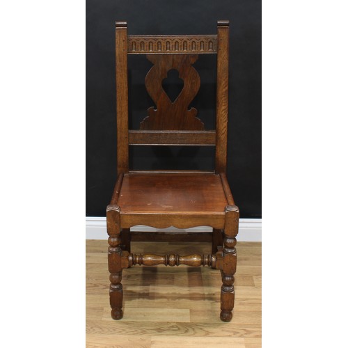 1494 - Frank Pratt of Derby - a 17th century style oak chair, rectangular nulled cresting rail, pierced vas... 