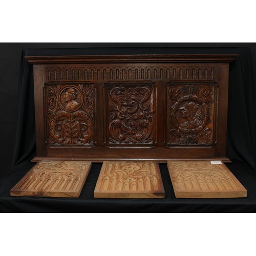 1507 - Frank Pratt of Derby - a 17th century style oak wall hanging panel, moulded pediment above a nulled ... 