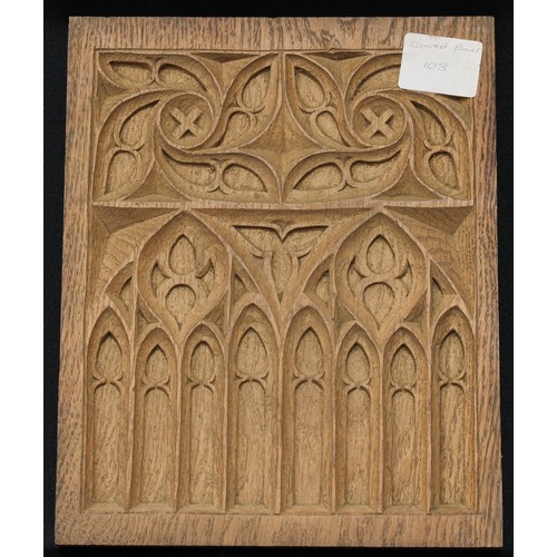 1507 - Frank Pratt of Derby - a 17th century style oak wall hanging panel, moulded pediment above a nulled ... 