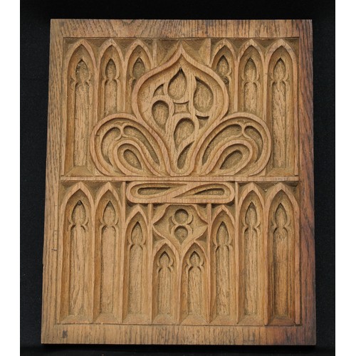 1507 - Frank Pratt of Derby - a 17th century style oak wall hanging panel, moulded pediment above a nulled ... 