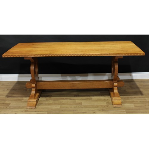 1506 - Frank Pratt of Derby - a 17th century style oak trestle dining table, rectangular top with chip-carv... 