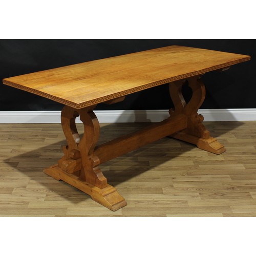 1506 - Frank Pratt of Derby - a 17th century style oak trestle dining table, rectangular top with chip-carv... 