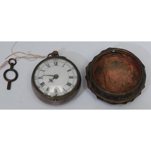 764 - A George II silver pair case pocket watch, by Joseph Foster, London, 4.5cm enamel dial with Roman an... 