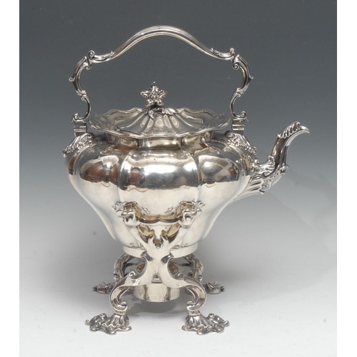 754 - Paul Storr - a substantial William IV Rococo Revival silver melon shaped tea kettle on stand, hinged... 