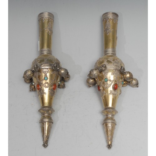 748 - Judaica - a pair of Jewish silver-gilt rimonim Torah bells, applied with motifs and collet set with ... 