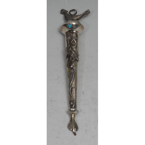 749 - Judaica -a Russian silver Torah yad, applied with trailing vine and set with turquoise, bird finial,... 