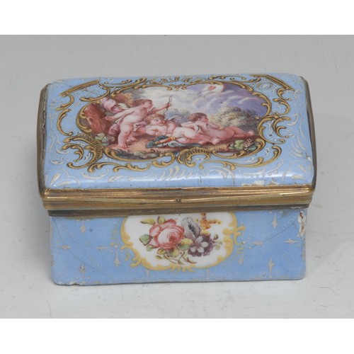 857 - An early George III enamel rectangular table-top snuff box, probably London, the cover well-painted ... 