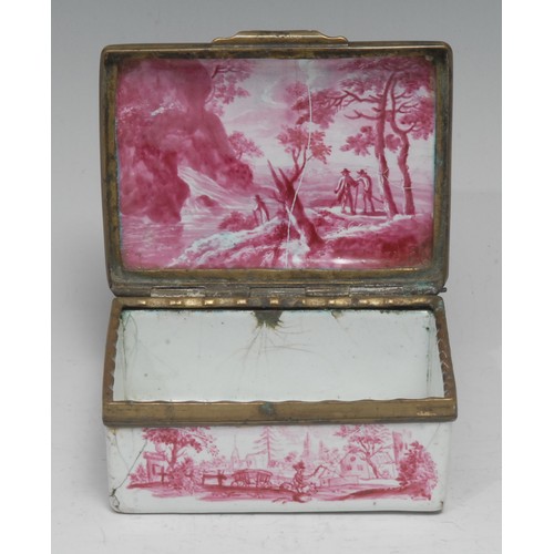 853 - An 18th century enamel rectangular table-top snuff box, the hinged cover, interior, sides, and base ... 