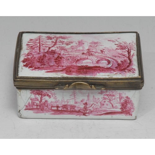 853 - An 18th century enamel rectangular table-top snuff box, the hinged cover, interior, sides, and base ... 