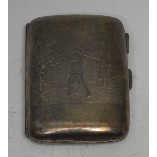 743 - Golf - an Edwardian silver rounded rectangular cigarette case, hinged cover engraved with a golfer t... 