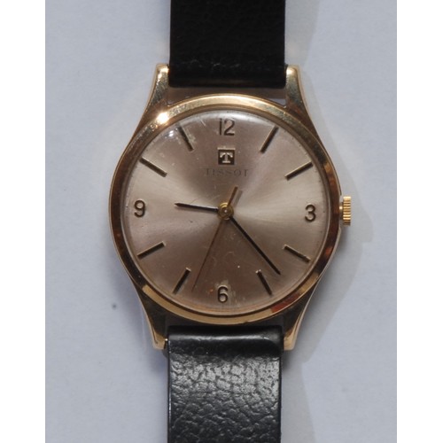 762 - Tissot - a vintage 1960s 9ct gold cased gentleman's wristwatch, brushed silvered dial, quartered Ara... 