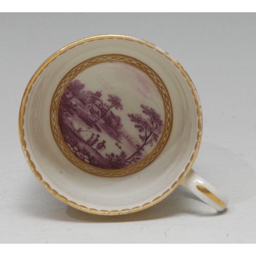 13 - A Derby coffee cup, painted by Zachariah Boreman, en puce camaïeu with riverside landscapes, each re... 