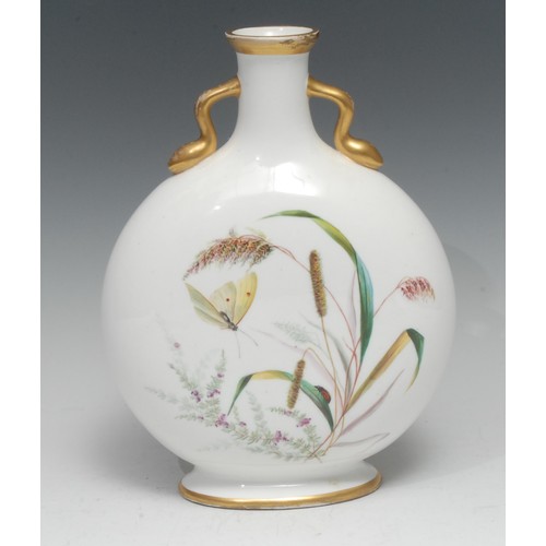 98 - A Minton Aesthetic Movement moon flask, each flattened face painted with flowers, winged insects, an... 