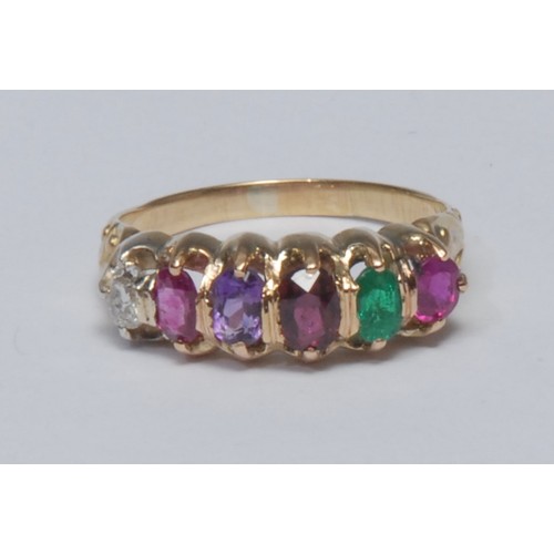 801 - A multi gem regard ring, linear set with mixed cut oval gemstones, ruby, emerald, garnet, amethyst, ... 