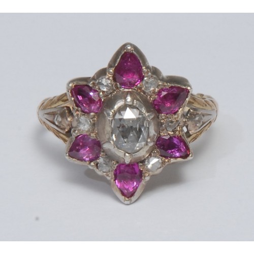 773 - A 19th century ruby and diamond cluster ring, central oval rose cut diamond collar set, surrounded b... 