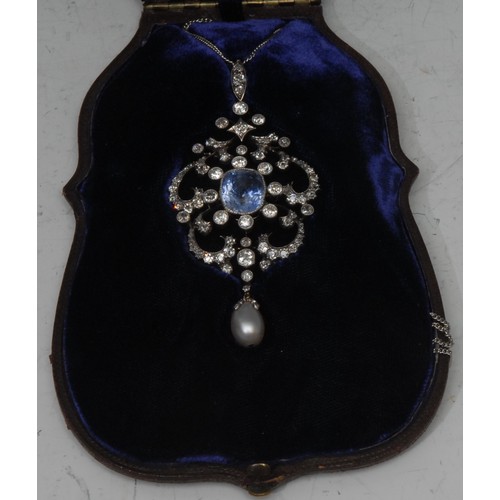 792 - A fine quality sapphire, diamond and natural pearl Belle Epoque necklace, open scrolling pendant ins... 