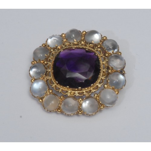 771 - A 19th century amethyst and moonstone brooch, central cushion cut amethyst approx 14mm x 13mm x 5mm,... 