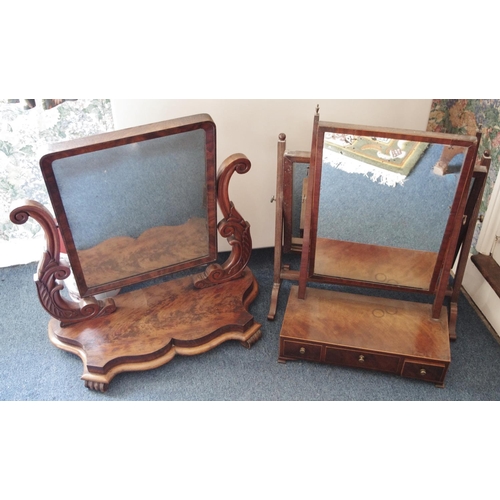 123 - A Victorian mahogany dressing glass, rounded rectangular mirror plate flanked by scroll supports car... 