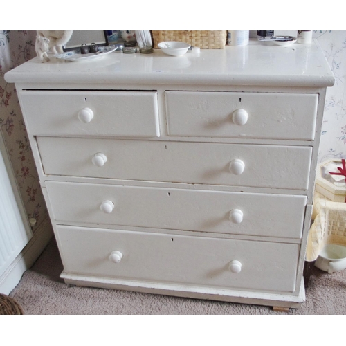 129 - A Victorian pine chest of two short and three long graduated drawers, turned handles, skirted base, ... 