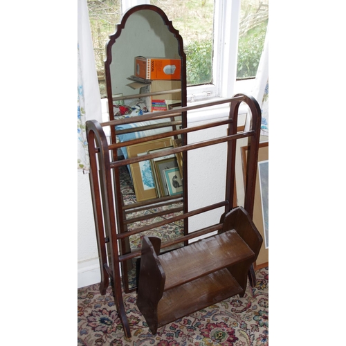 211 - A mahogany towel rail, 89cm high;  a low bookcase, 46cm wide;  a mahogany arched rectangular mirror,... 