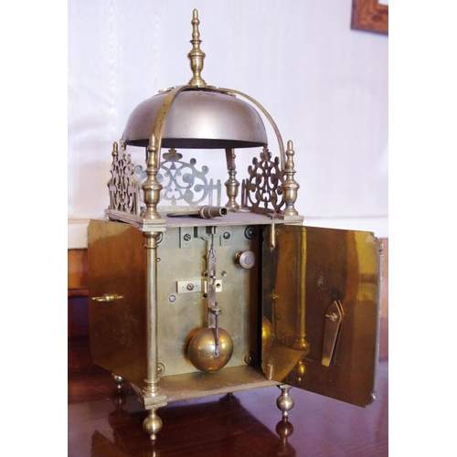 43 - A 17th century style brass lantern clock, 13cm silvered dial inscribed Gokdsmiths & Silversmiths, Re... 