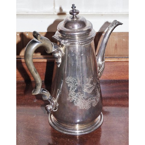 264 - A George II silver tapered cylindrical coffee pot, double stepped domed cover and spire final, eboni... 