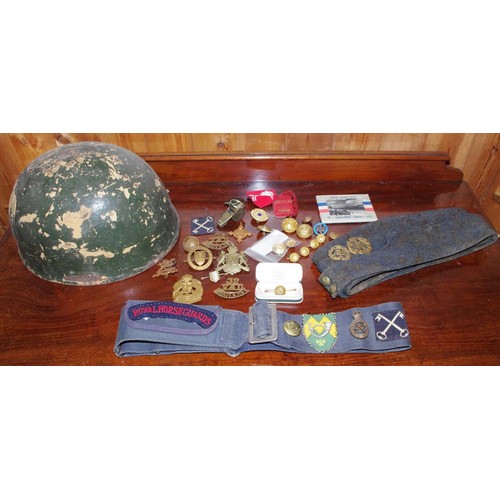 285 - A RAF cap;  a pit helmet;  a canvas belt, cap badges, buttons, Bletchley Park 	badge;  etc

**Please... 