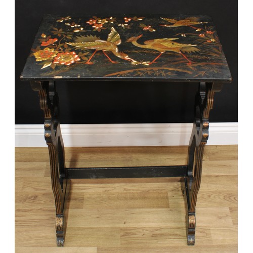 1558 - A graduated pair of 19th century Japanned lacquer occasional tables, each with a rectangular top dec... 