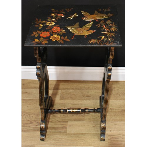 1558 - A graduated pair of 19th century Japanned lacquer occasional tables, each with a rectangular top dec... 