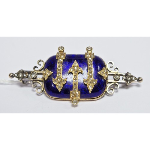 309 - A Victorian diamond set enamelled bar brooch, the central rectangular cushioned shaped blue  gichee ... 