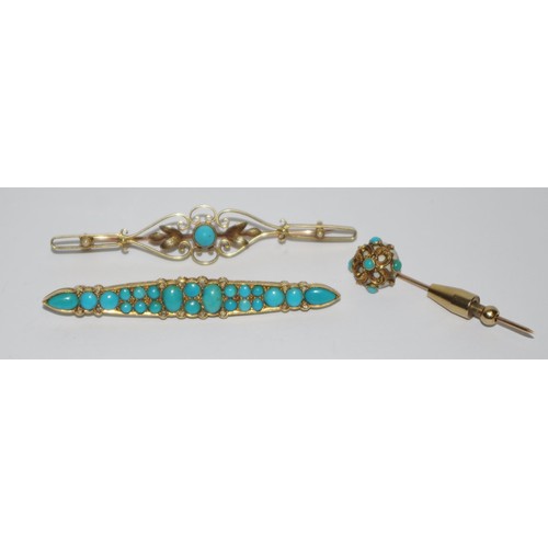 319 - A 15ct gold open work bar brooch, set with turquoise cabochon and seed pearls;  a gold coloured meta... 