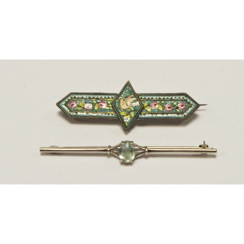 333 - A 9ct white gold bar brooch, set with oval pale blue stone, 2.1g;  a 19th century Italian micro mosa... 