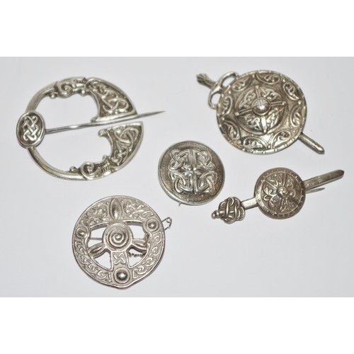 335 - A Scottish silver circular brooch, cast with a Celtic knot,  Iona; a Scottish sword and shield silve... 