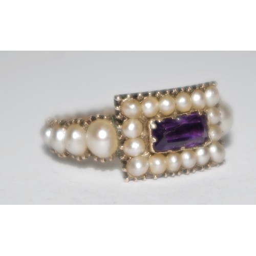 328 - A George III memorial ring, set with a rectangular cushion cut amethyst within seed pearls, the shan... 