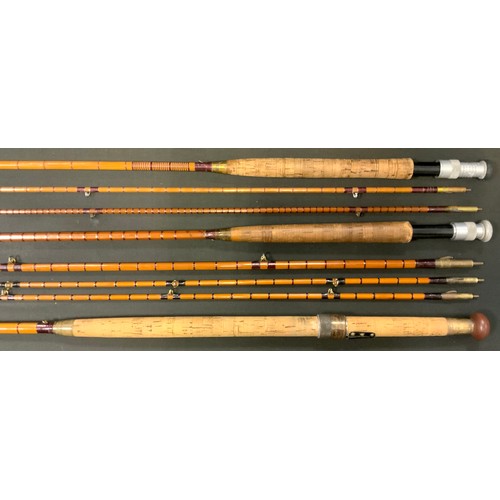 69 - Hardy of Alnwick fishing rods including a Greenheart split cane three piece rod with spare top secti... 