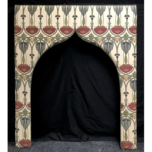 101 - A Charles Rennie Mackintosh inspired lambrequin, arched internal lip with drawer blind. 151cm high x... 