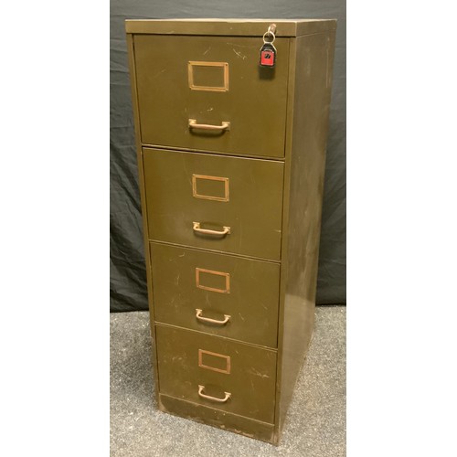 127 - A Vintage green painted metal four drawer filing cabinet, 132cm high, 45cm  wide, 61.56cm deep