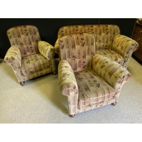 155 - An early 20th century drop arm sofa and two side chairs, oak bun feet, c.1930