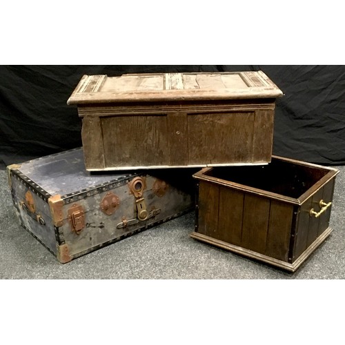 194 - A 19th century oak box; another oak box, brass handles; a 20th century travel trunk. (3)