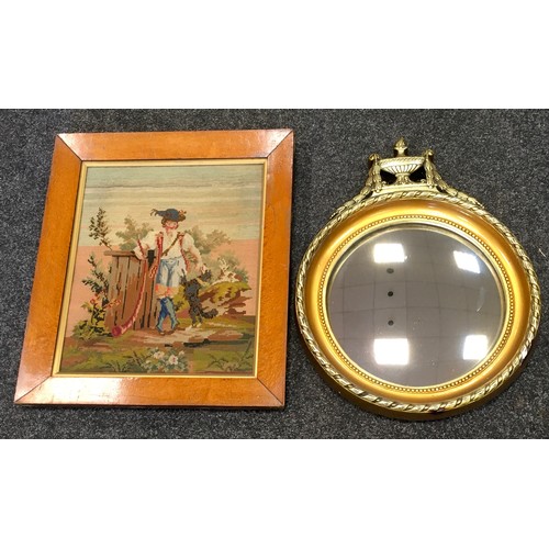 204 - A woolwork, Boy with his Alpine horn and dog, bird’s eye maple veneered frame circa 1900; a giltwood... 