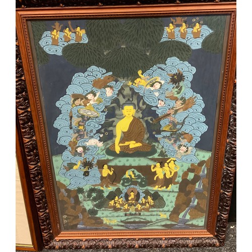 211 - Oriental School, Buddha seated amongst waves with mystical beasts, 59cm x 42cm;  a Chinese silk pane... 