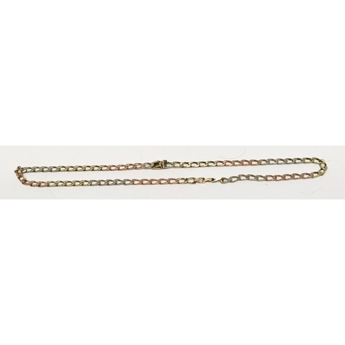 228 - A 9ct gold multi colour rose and yellow gold flat curb link necklace, stamped 9kt 375, 40cm long, 14... 