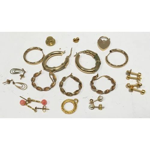 232 - A pair of 9ct gold oval lifebuoy hoop earrings, others rope twist, ball tipped studs, etc;  a 9ct go... 