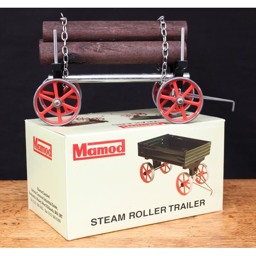 5062 - A Mamod TE1A traction engine trailer, black trailer with red spoked wheels and three faux wooden log... 