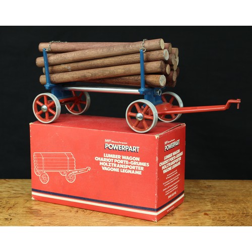 5068 - A Massey Ferguson Powerpart lumber wagon, blue and red trailer with red spoked wheels, nickel plated... 