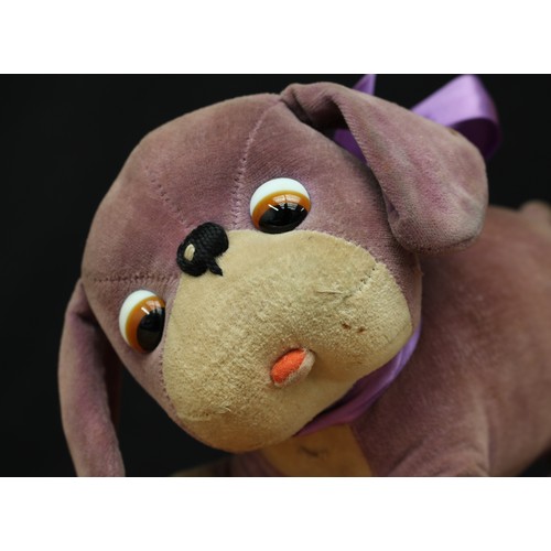 5185 - A J.K.Farnell 1920's novelty 'Dinkie' the Dog soft toy, mauve/purple and cream body, amber and black... 