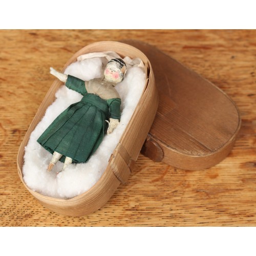 5197 - A mid-19th century miniature Grodnertal wooden doll, wooden head applied with gesso, painted feature... 