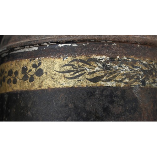 5408 - Advertising - a late 19th century black toleware canister and cover, of cylindrical form, painted bo... 